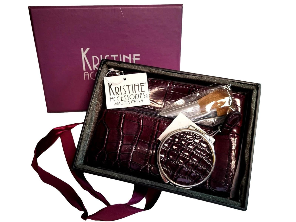 Travel Makeup Brush Set with Compact Mirror in Faux Leather Bag