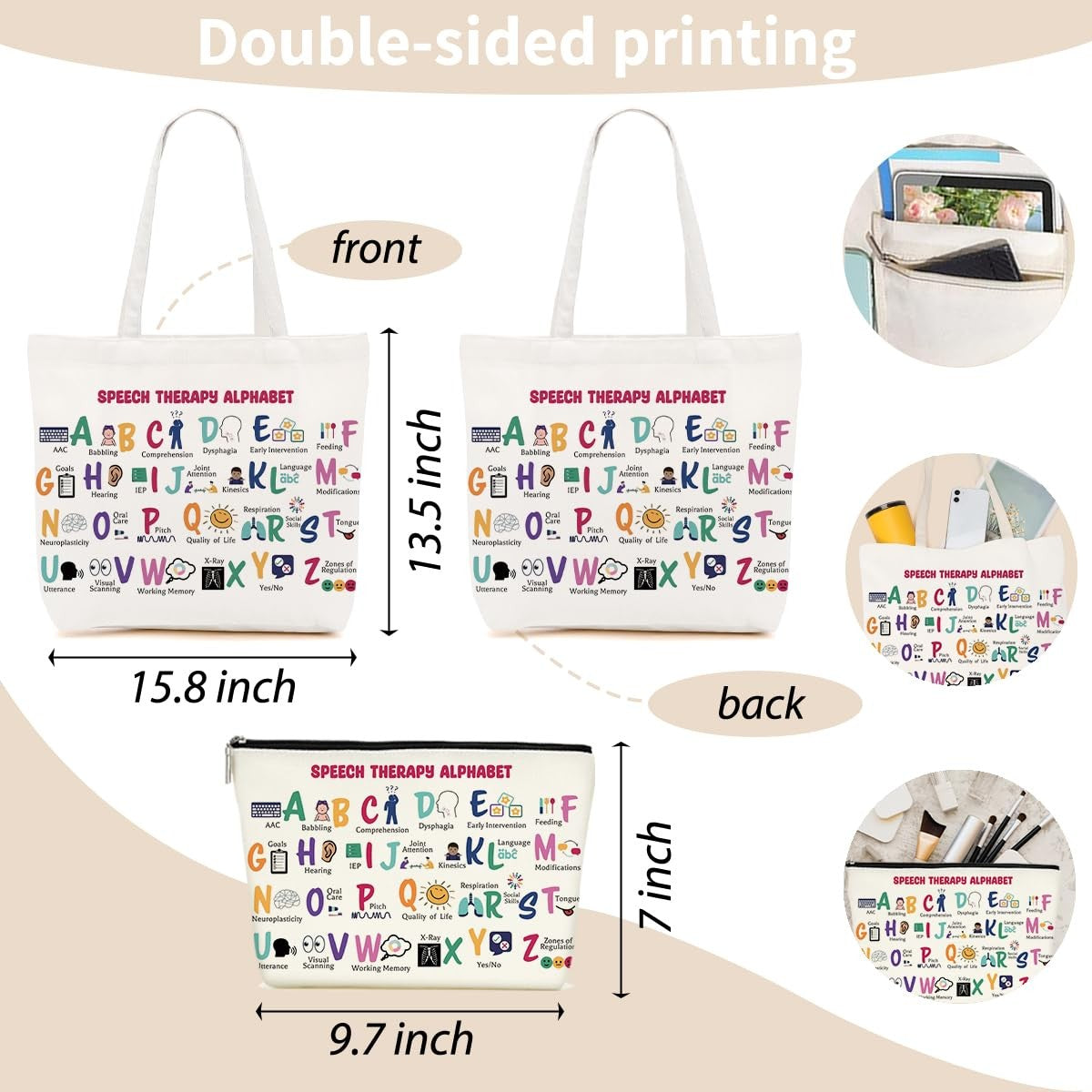 Cotton Tote Bag & Makeup Pouch Set - Large Travel & Casual Bag