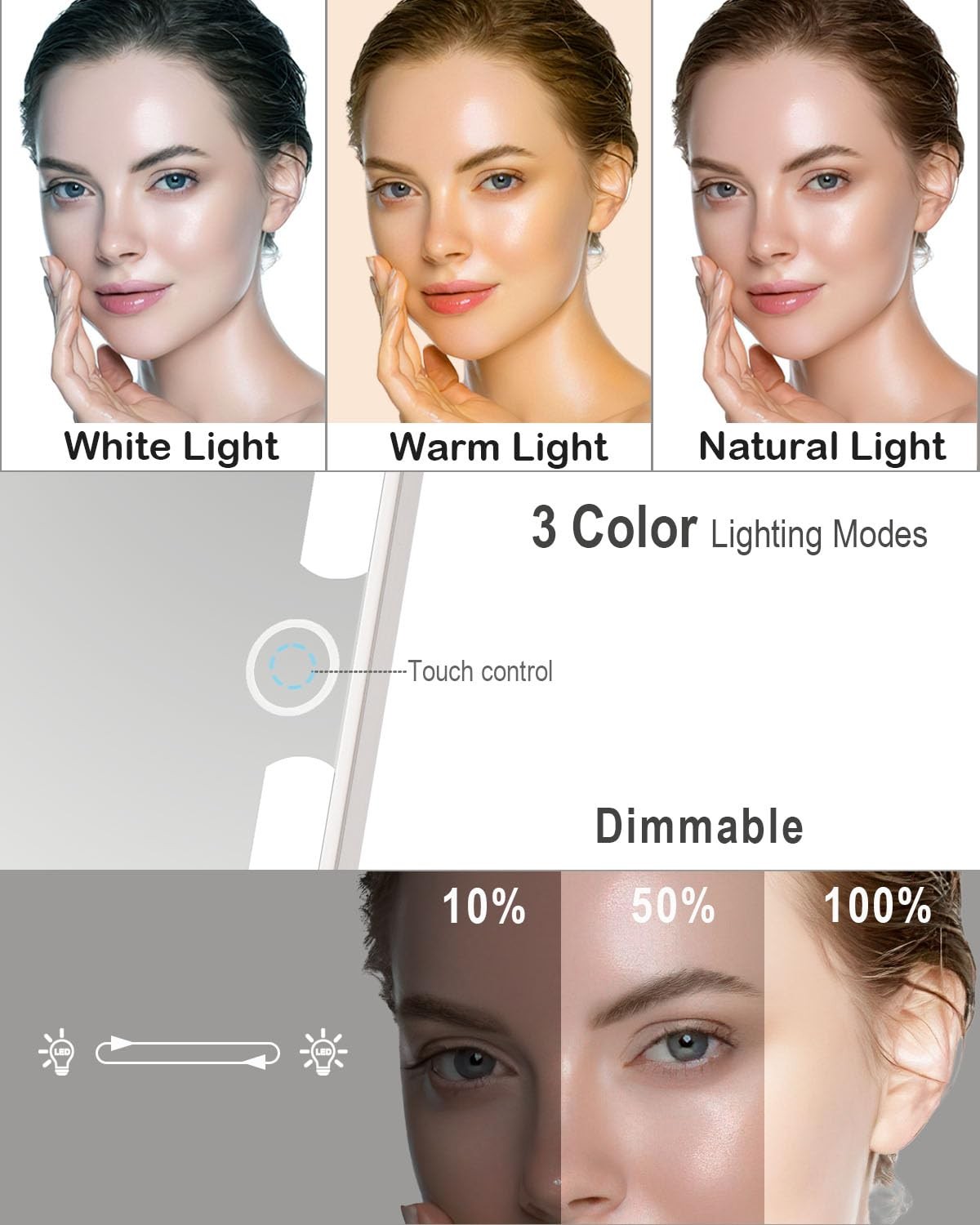 Lighted Makeup Mirror with 10X Magnification, 10x7 Inch Travel Vanity with 3 Dimmable LED Colors