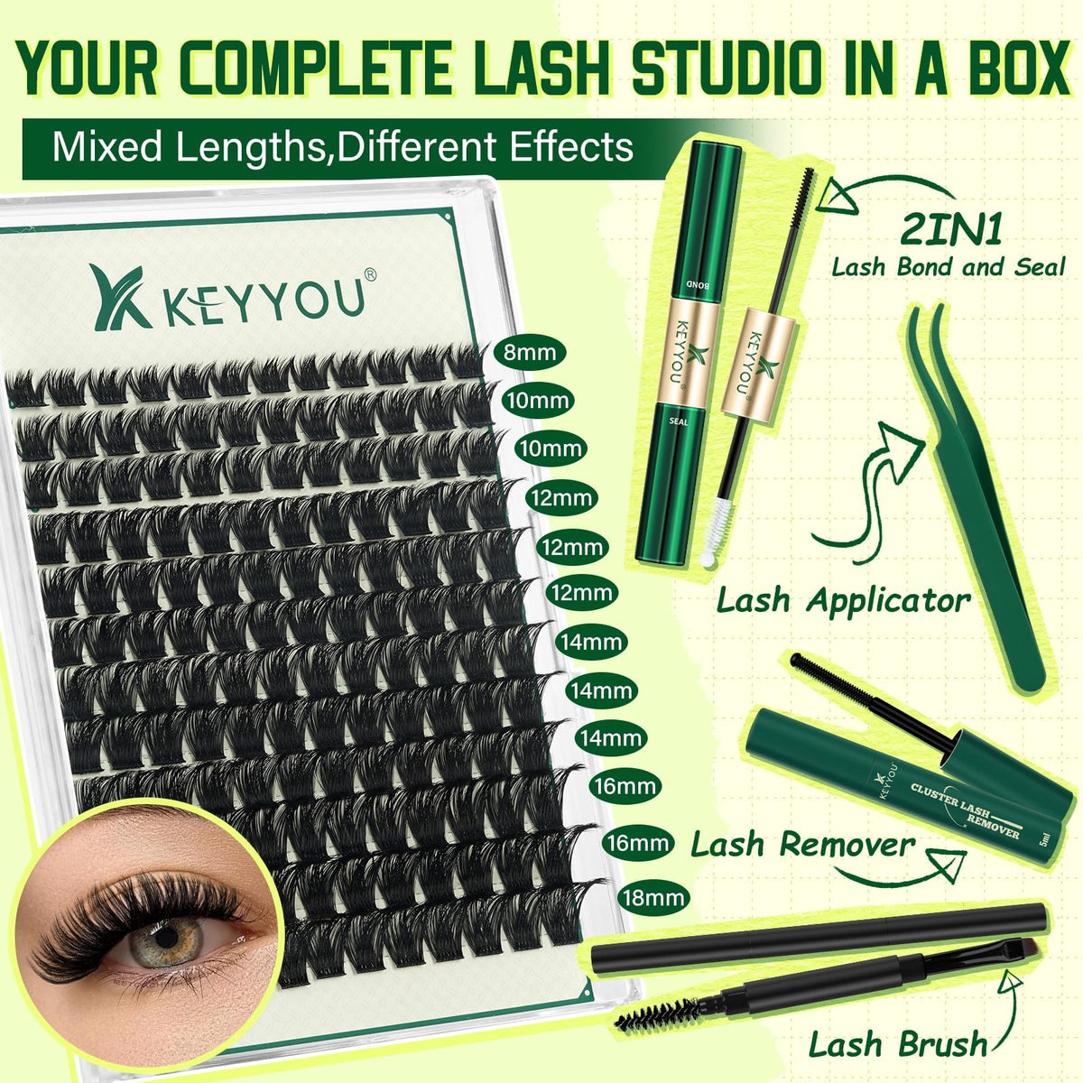 Lash Clusters Kit with 144 Thick D Curl Fake Eyelashes & Tools - Beginner Friendly