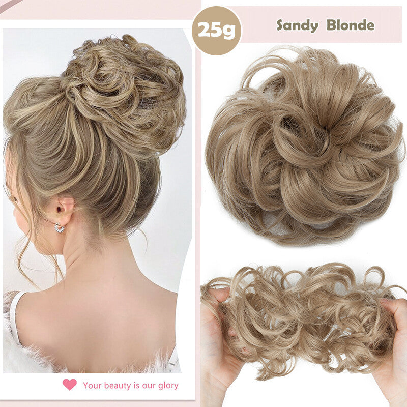 Natural Human Hair Messy Bun Ponytail Extensions with Curly Scrunchie Updo