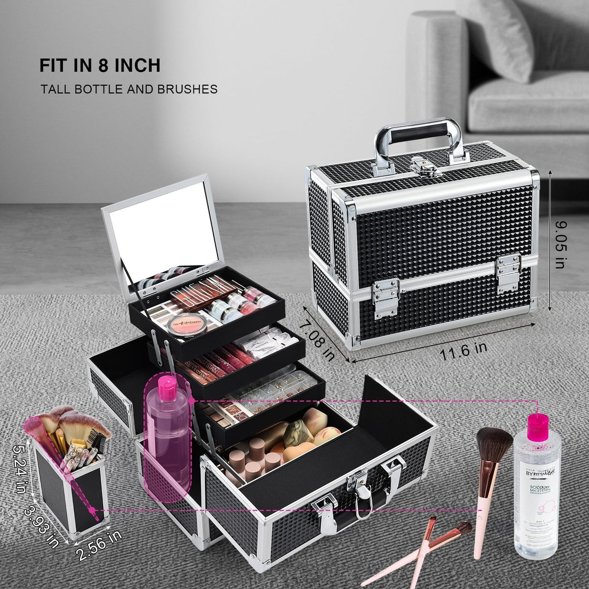11.6 Inch Makeup Train Case with 3 Trays & Mirror – Black Cosmetic Organizer