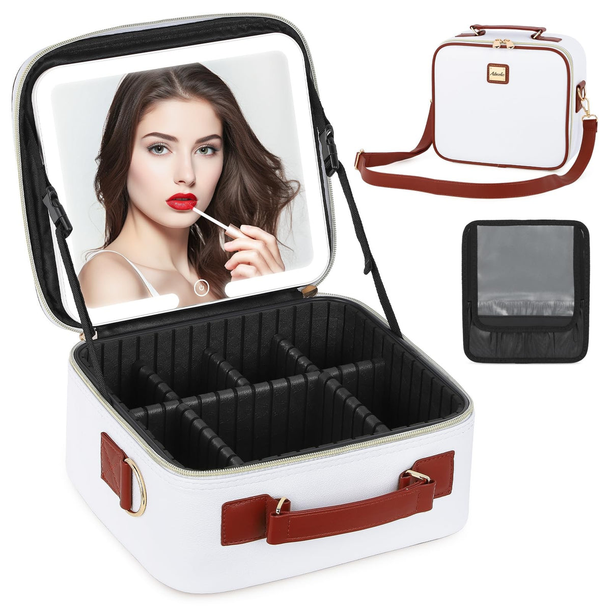 Travel Makeup Bag with LED Lighted Mirror, Adjustable Compartments, Waterproof Leather