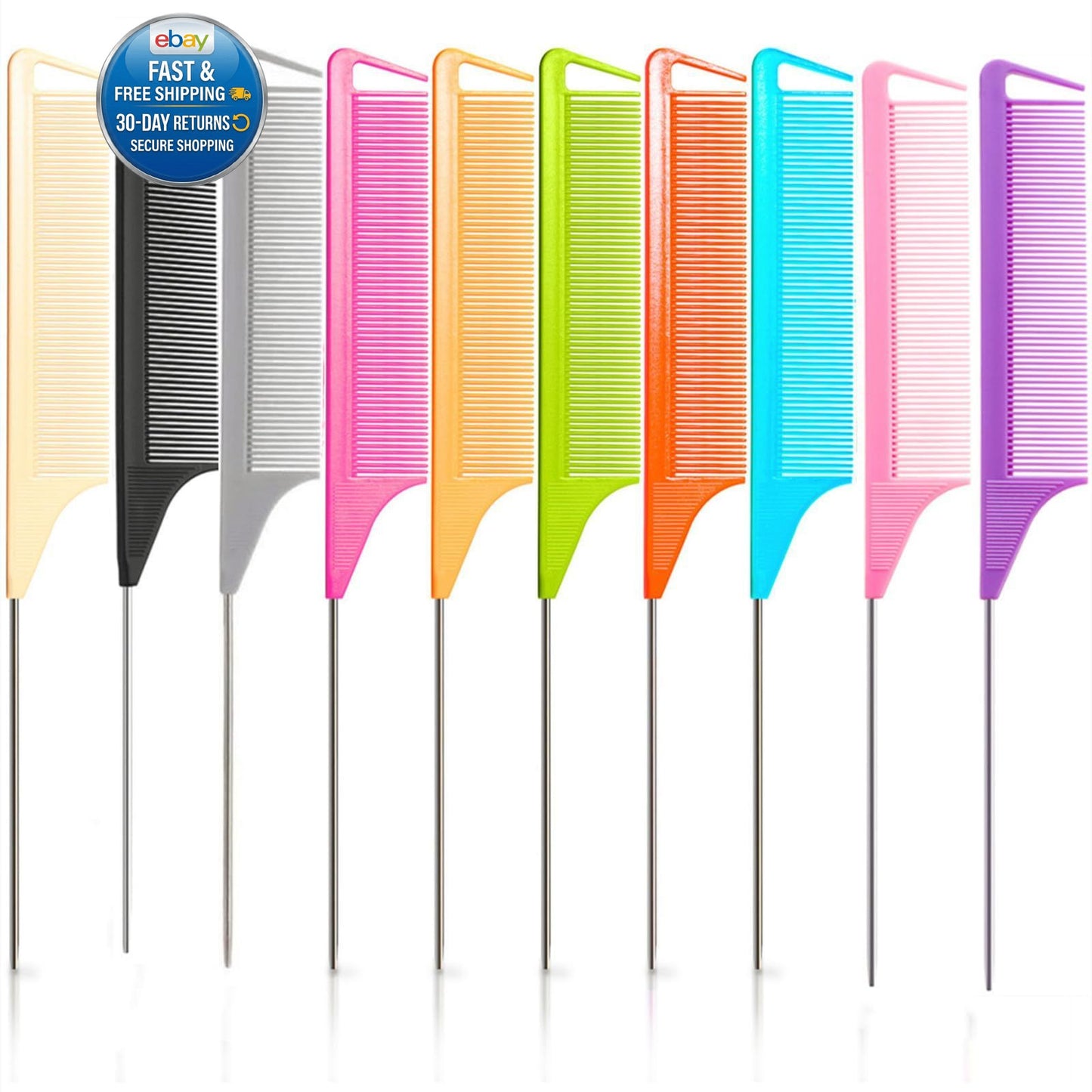 Hair Styling Comb Set with Fine Teeth and Metal Rat Tail - Multiple Colors