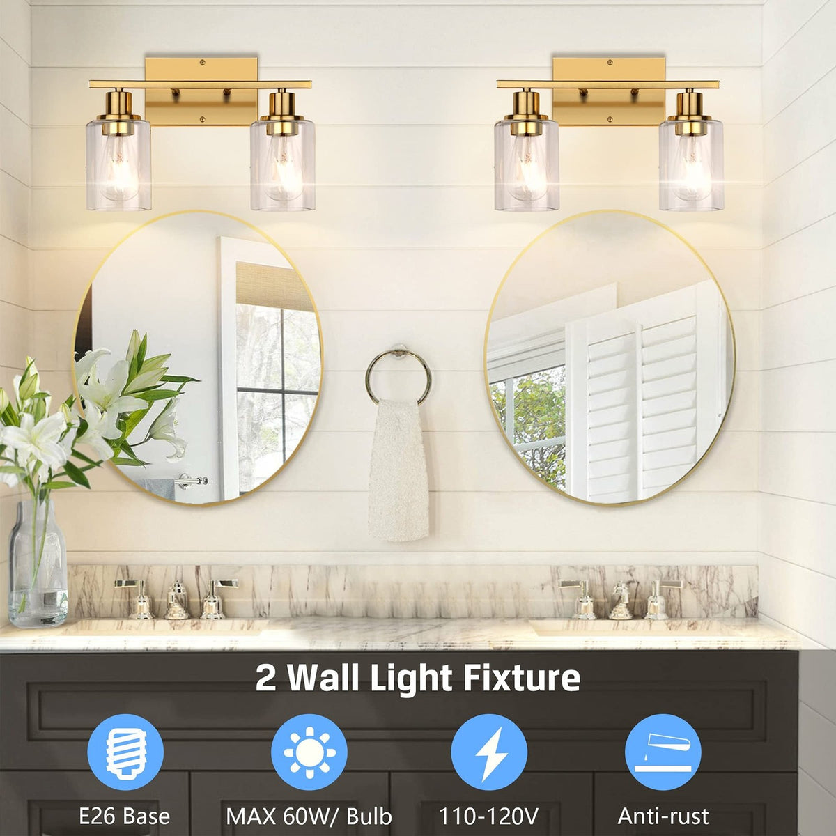 2-Light Gold Bathroom Vanity Lighting Fixture with Clear Glass