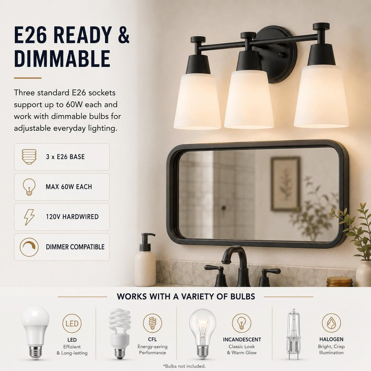 3-Light Bathroom Vanity Light Fixture Matte Black Stainless Steel Frosted Glass Wall Sconce