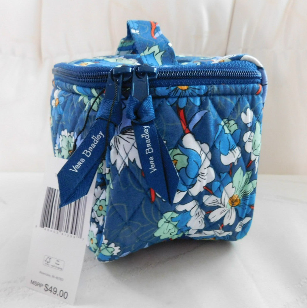 Travel Cosmetic Bag - Floral Pattern, Blue, Zip Closure, Inner & Mesh Pockets