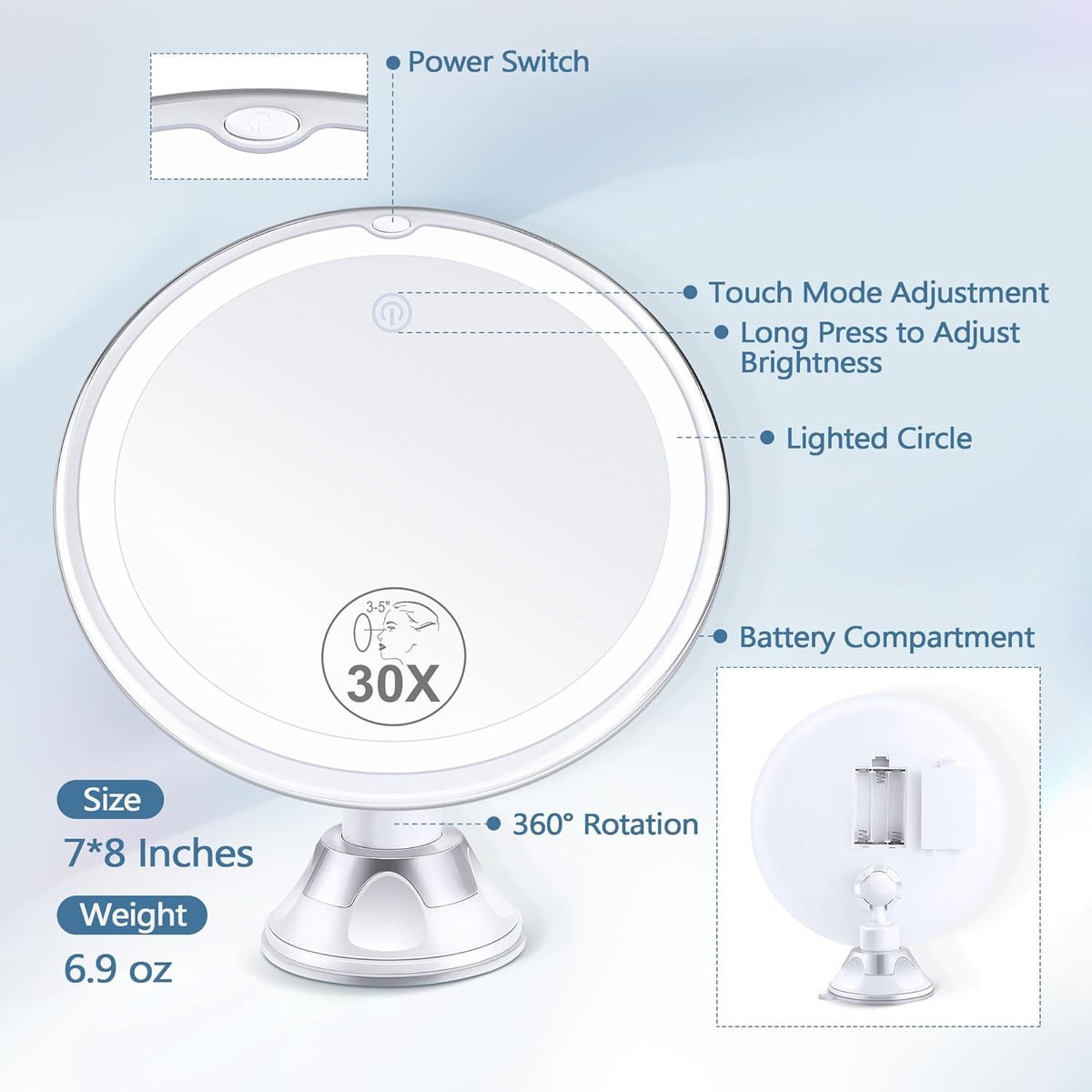 30X Lighted Magnifying Makeup Mirror with Adjustable Brightness and Suction Base