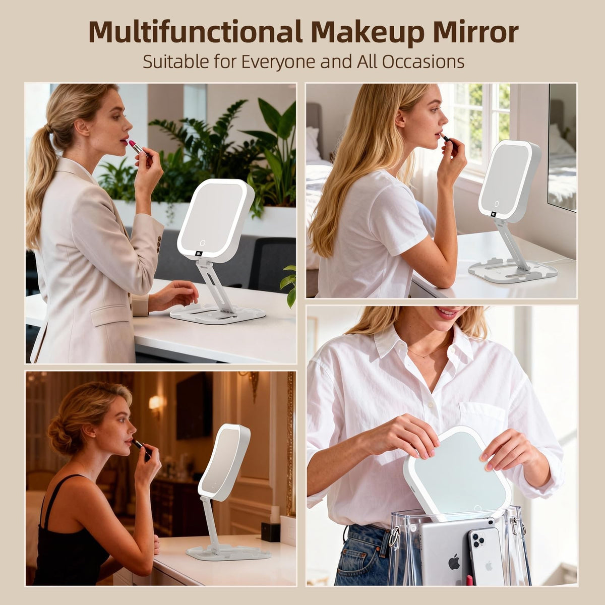Travel Makeup Mirror with 1X/10X Magnification, Dimmable LED Touch Screen, Rechargeable