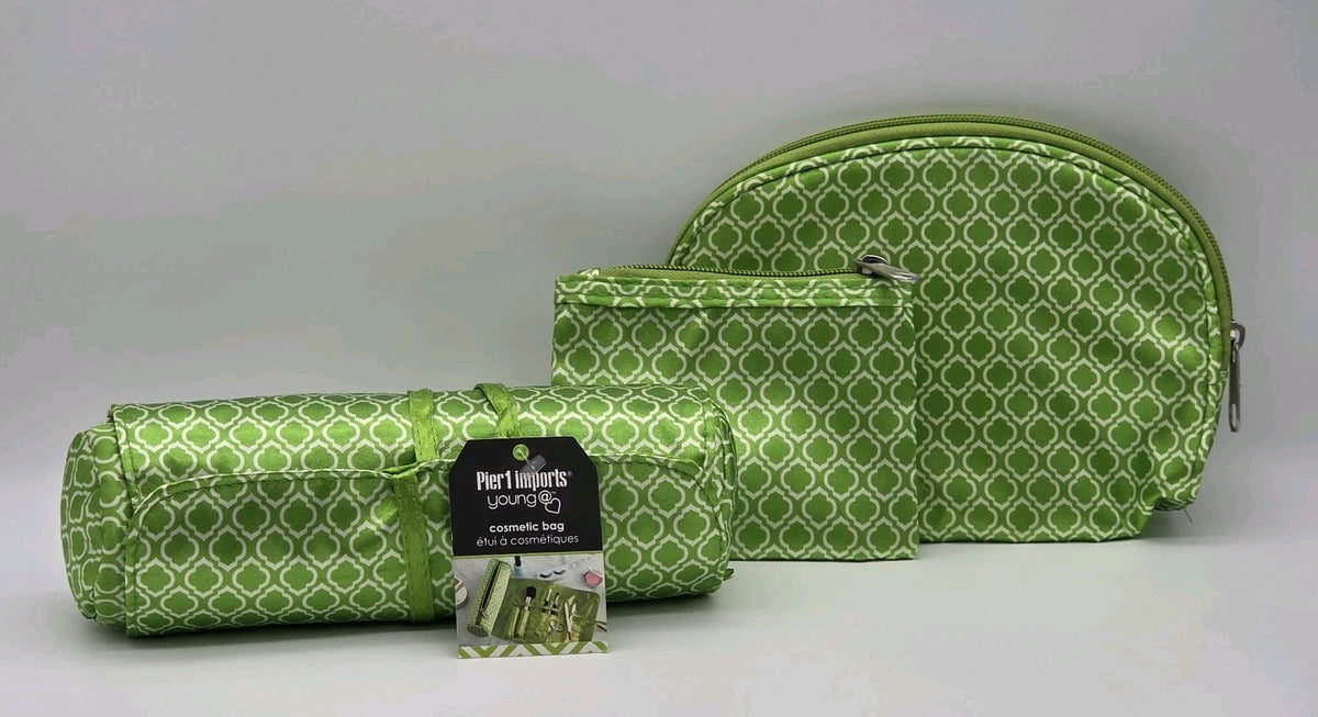 Pier 1 Imports 3-Piece Green Cosmetic Bag Set with Brush Roll and Pouches