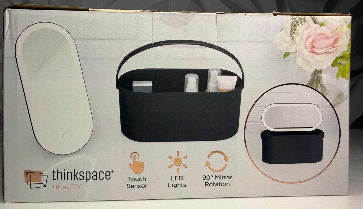 Black Makeup Case with LED Mirror & Touch Sensor, 90° Rotation Handle