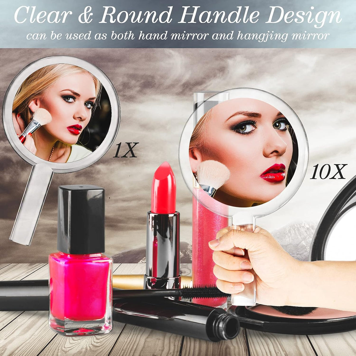 Double-Sided Hand Makeup Mirror with Stand 1x/10x Magnification Portable
