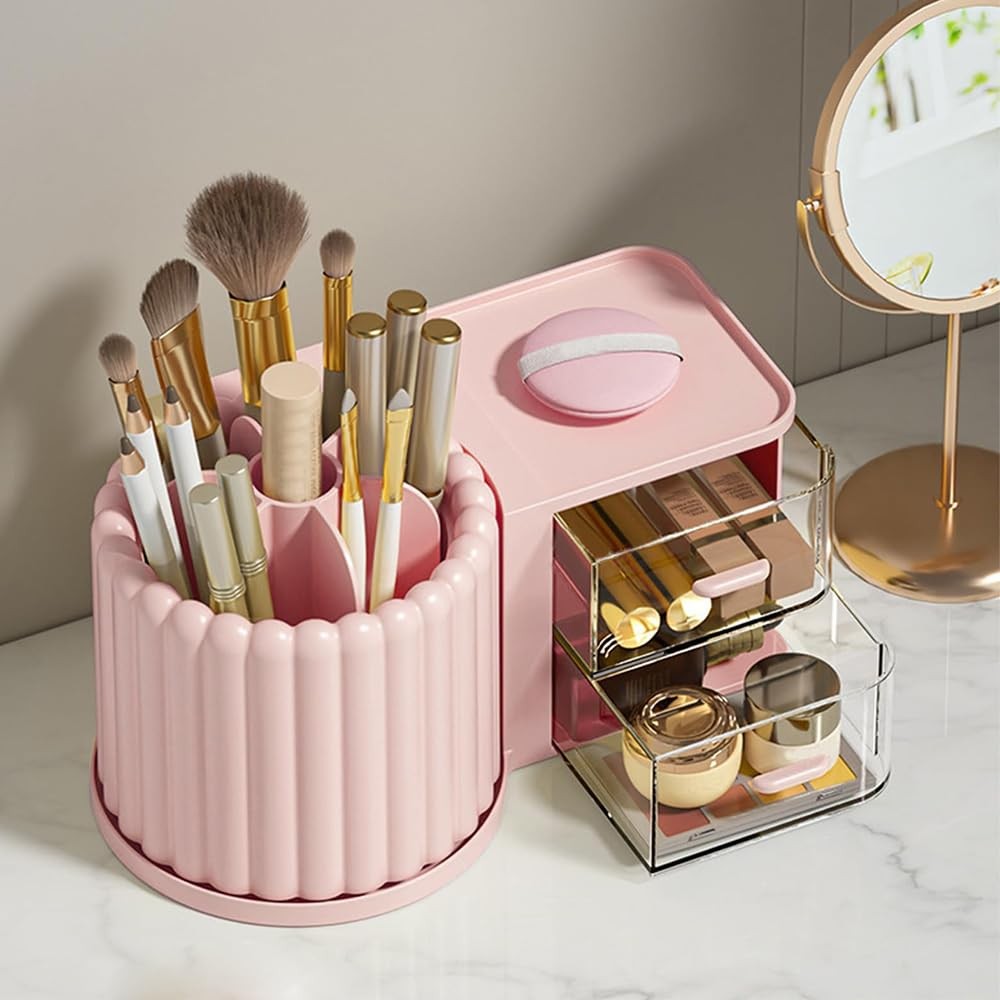 Rotating Makeup Brush Organizer with 2 Drawers - 9.25x5.11 Inch