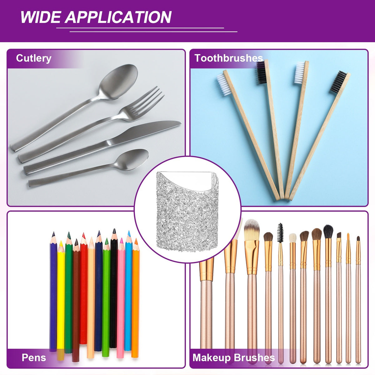 Wall-Mounted Makeup Brush Holder with Clear Adhesive Silver 4.3x4.7 Inches