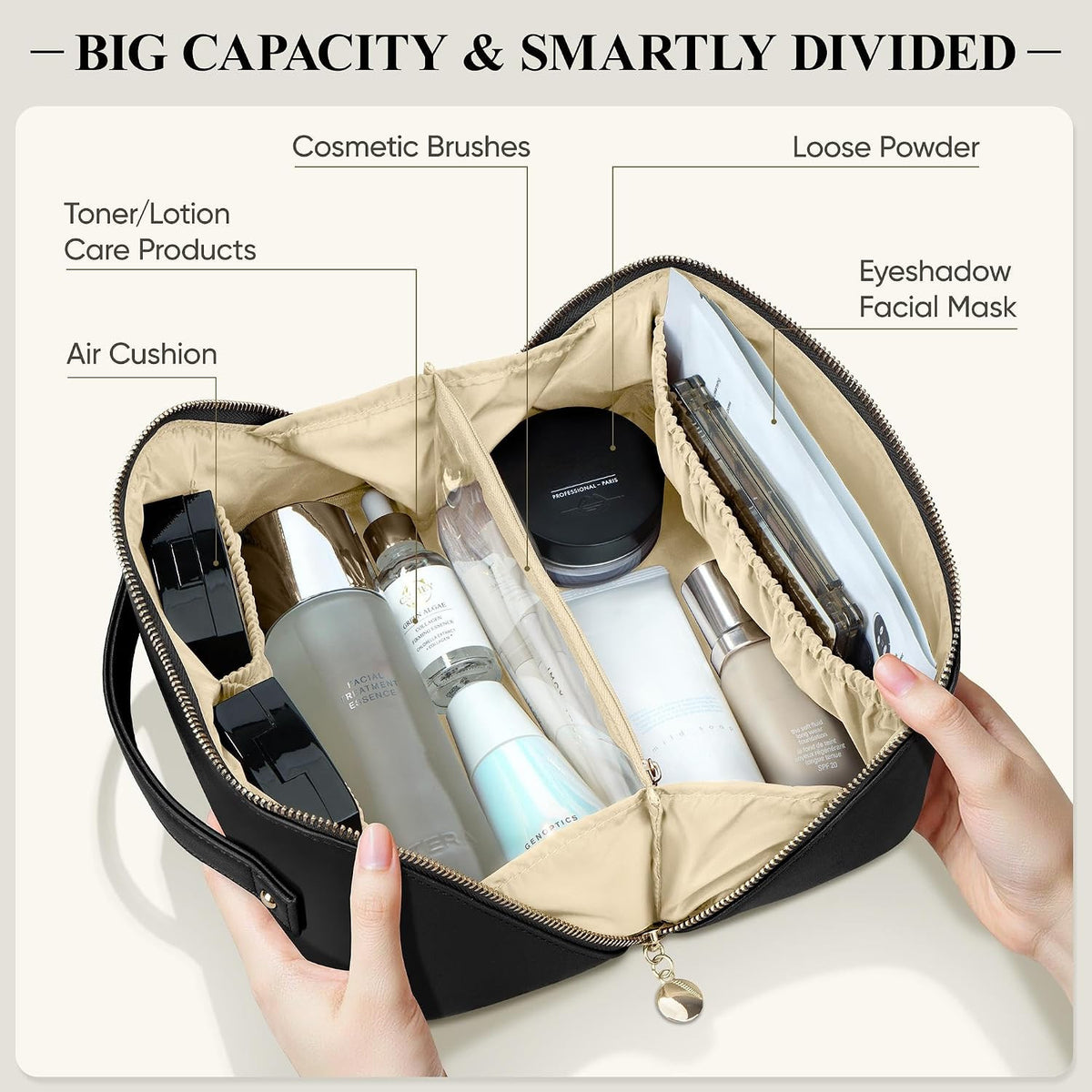 Travel Makeup Bag with Flat Design, Waterproof Cosmetic Organizer for Women