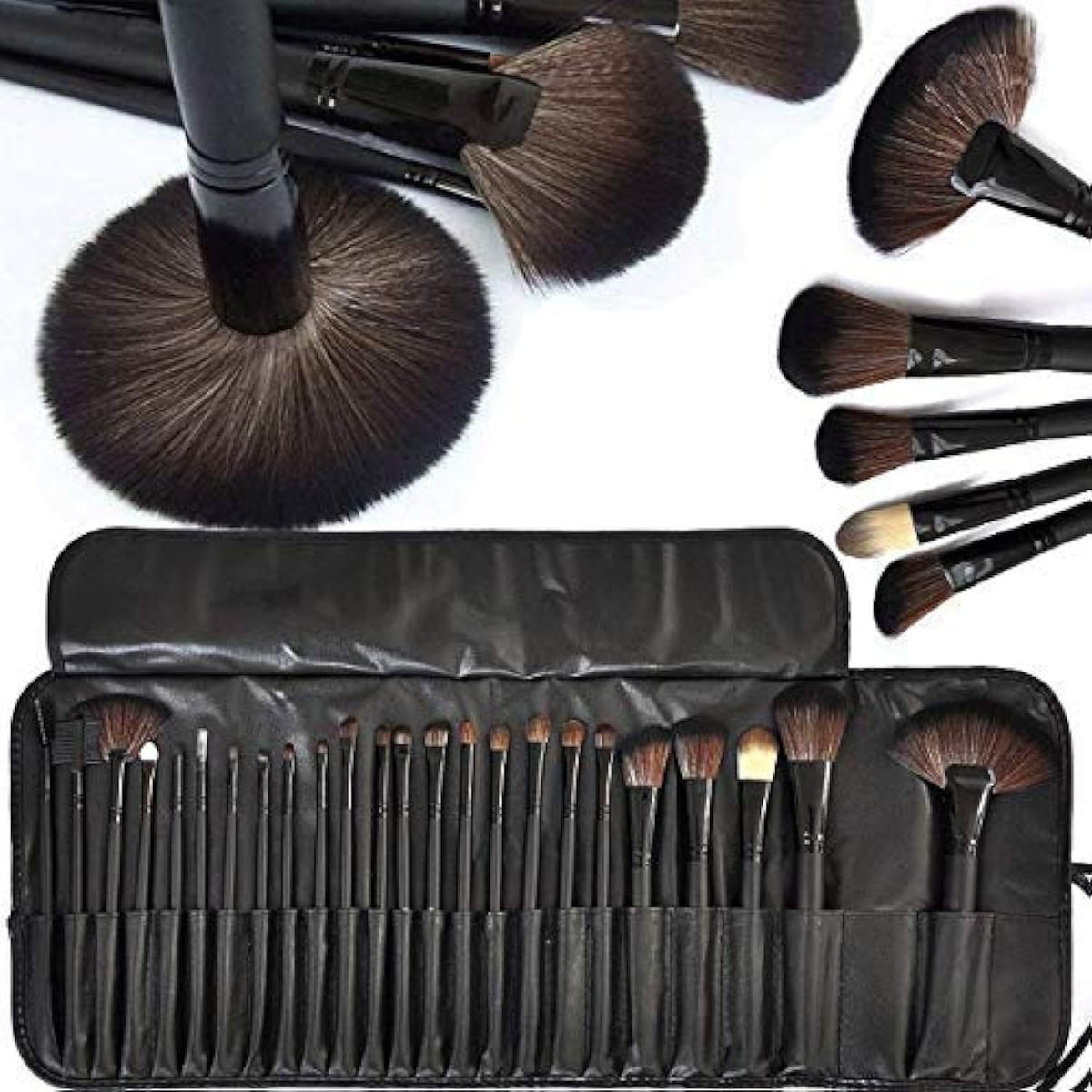 24-Piece Makeup Brush Set with Black Leather Case - Professional Cosmetic Tools