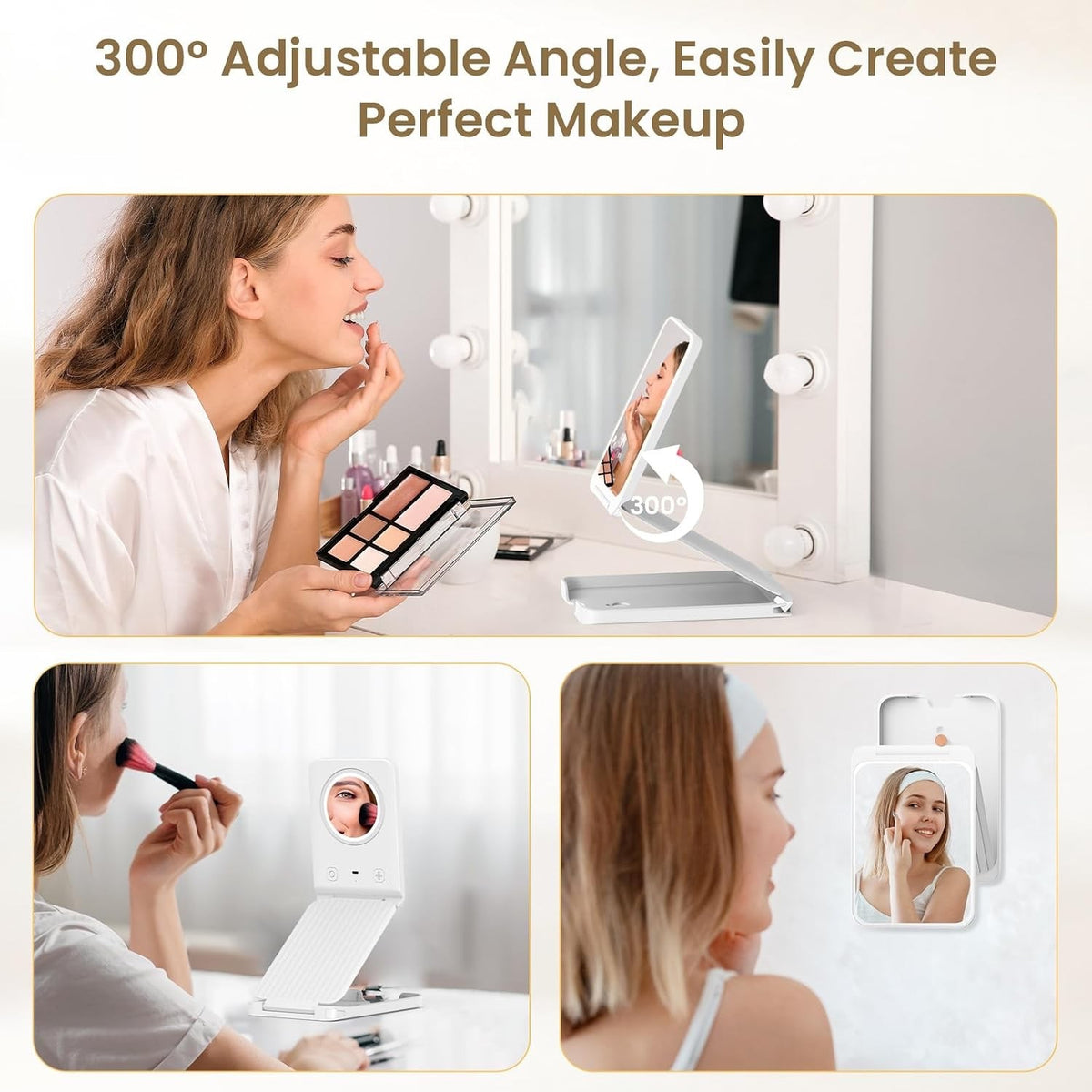 Travel Makeup Mirror with Lights 5X Magnification, 3 Color LED Modes, Rechargeable Portable Vanity
