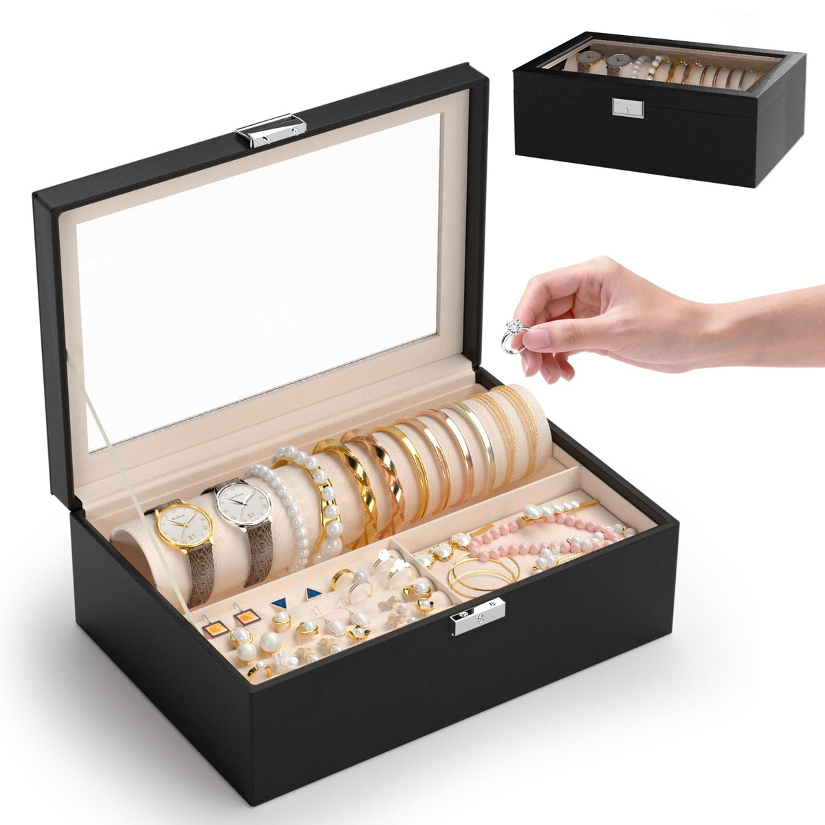 Jewelry Organizer Box with Glass Lid and Bracelet Holder - Black
