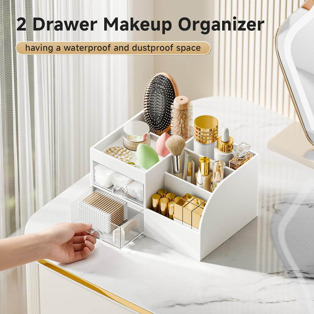 Makeup Organizer with 2 Drawers and Compartments for Vanity and Storage