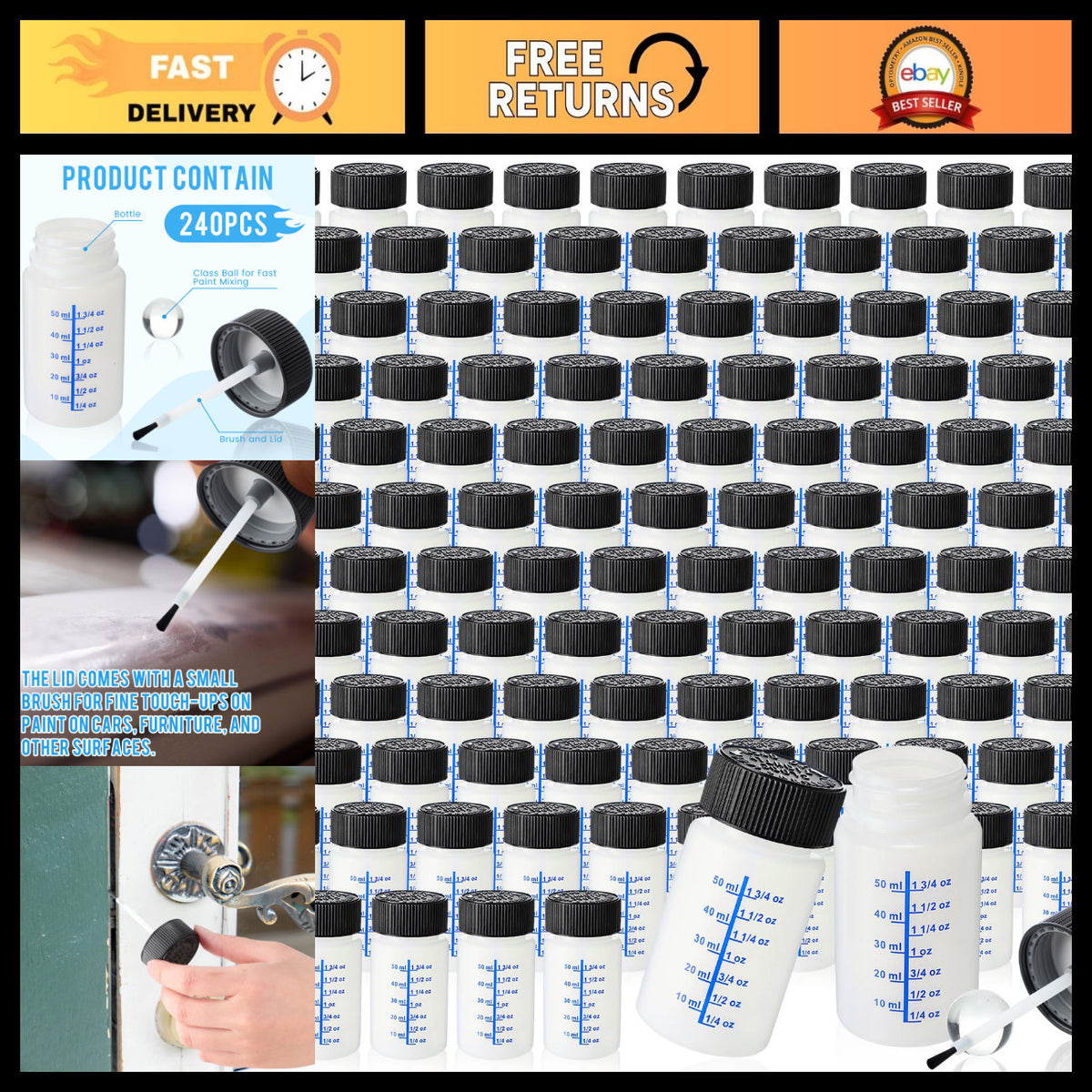 Paint Touch Up Bottles with Brush & Mixing Ball Set - 60 Pcs for Walls, Furniture, Cars