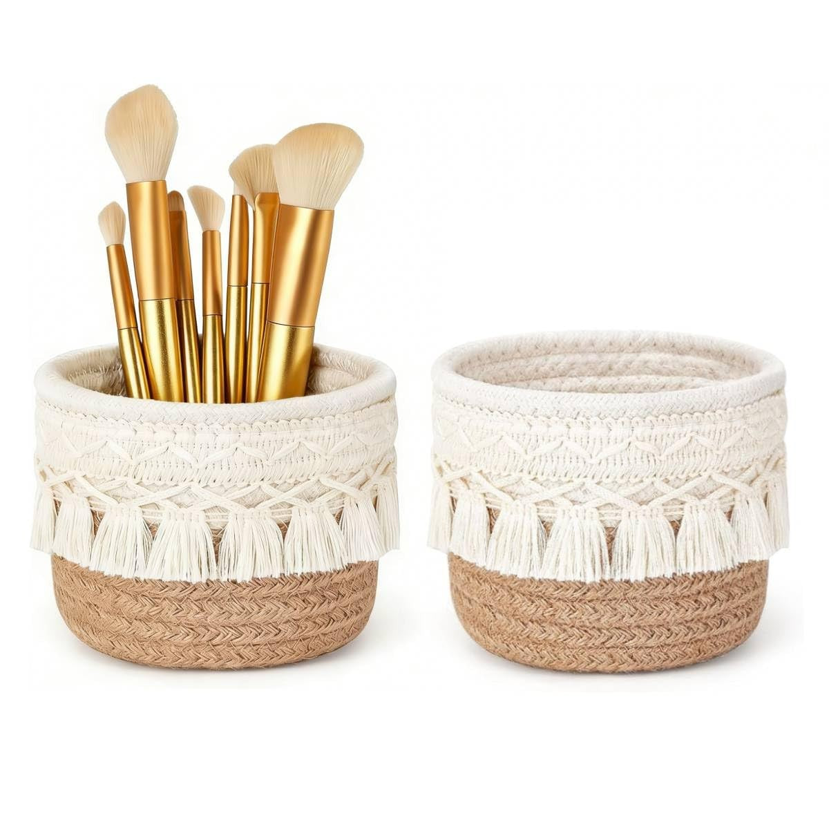 Macrame Makeup Brush Holder Organizer Set - Boho Decor Storage, White & Brown
