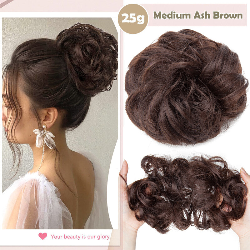 Natural Human Hair Messy Bun Ponytail Extensions with Curly Scrunchie Updo