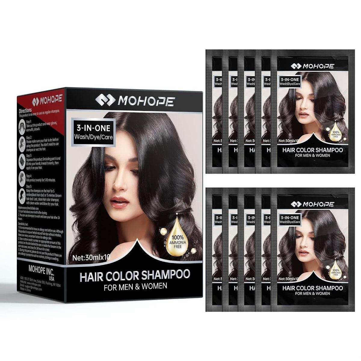 Instant Black Shampoo for Grey Hair - 30ml x 10pcs Semi-Permanent Hair Dye
