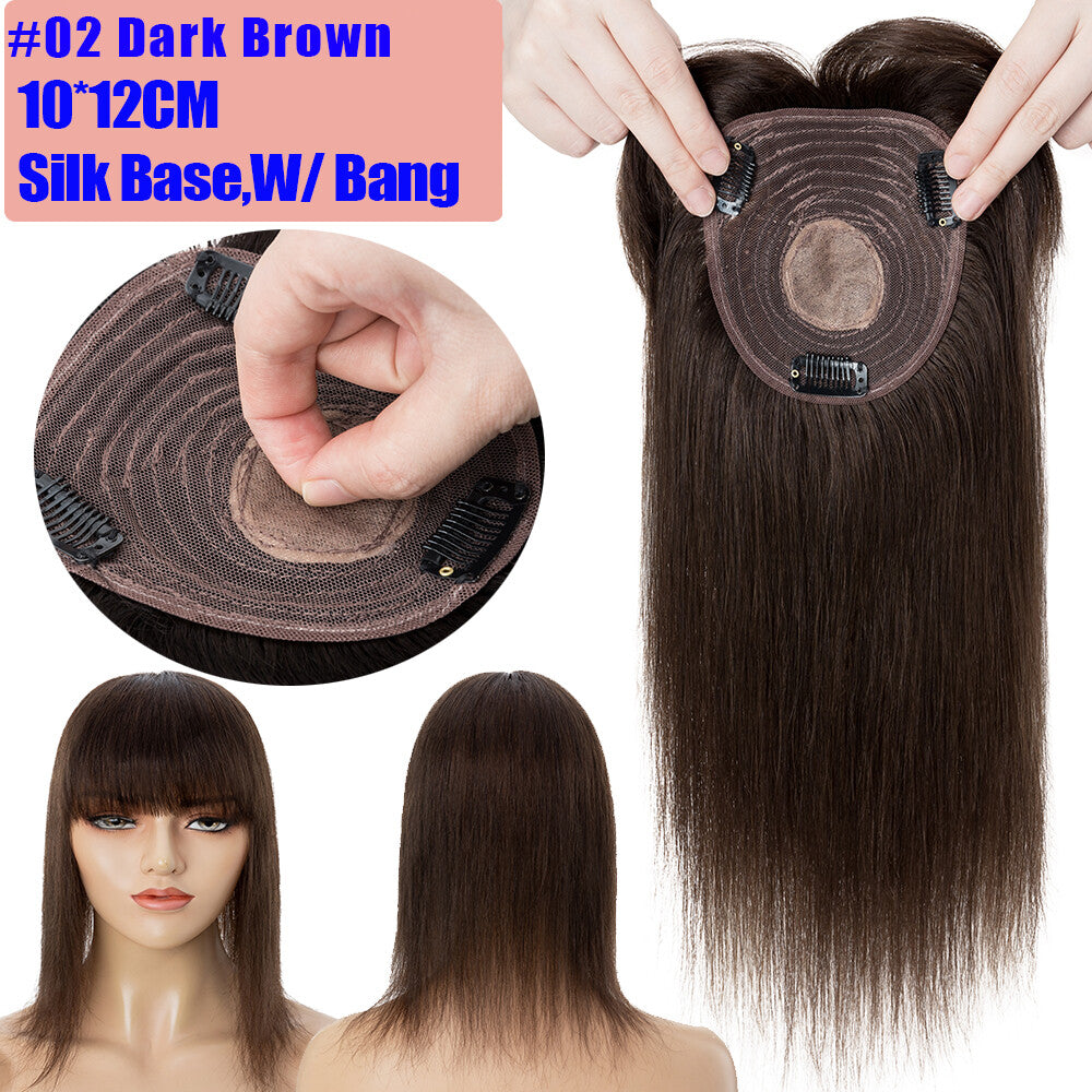 Remy Human Hair Topper with Bangs - Clip-In Hairpiece for Thinning Hair