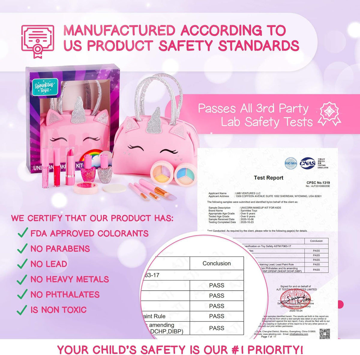Kids Makeup Kit with Pink Unicorn Purse, Non-Toxic Washable Cosmetic Set for Girls