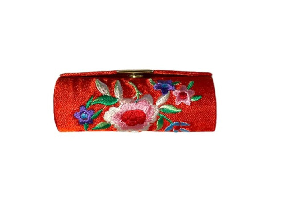 Satin Embroidery Lipstick Case with Mirror - Compact Travel Makeup Storage