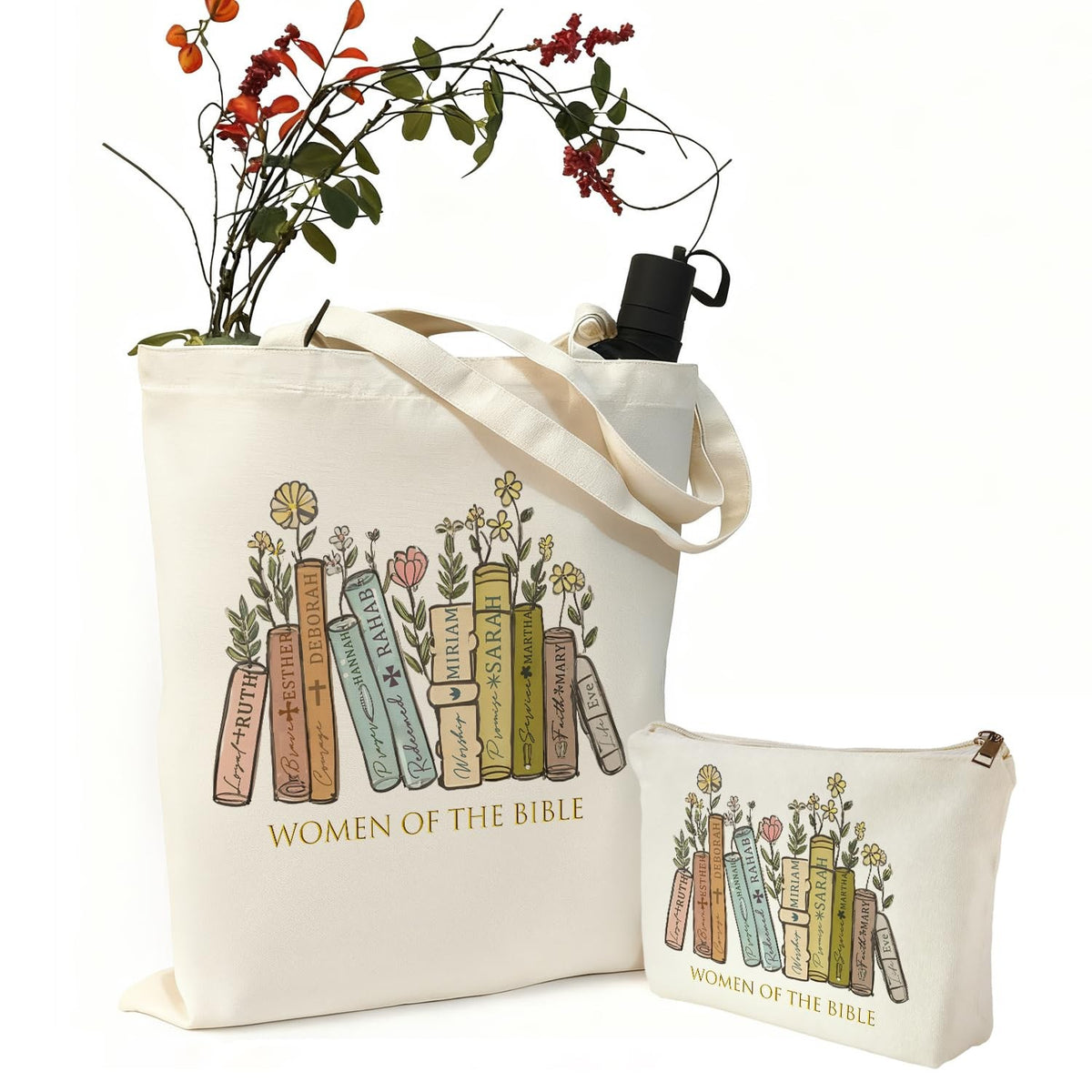 Large Canvas Tote and Makeup Bag Set with Bible Verse Inspirational Design