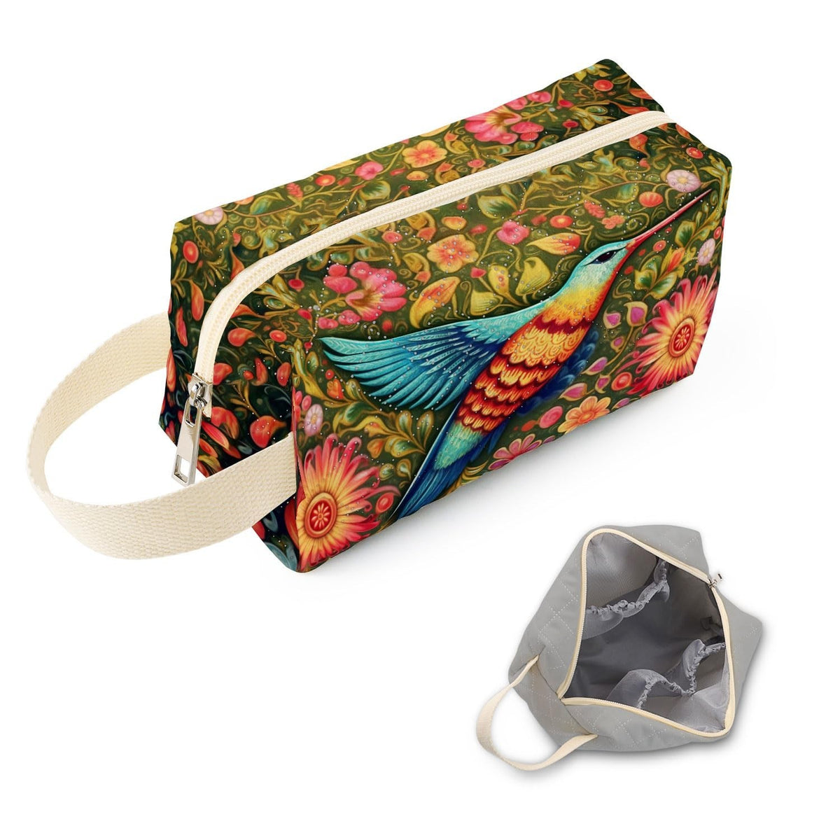 Velvety Quilted Makeup Pouch with Hummingbird Print for Travel and Organization