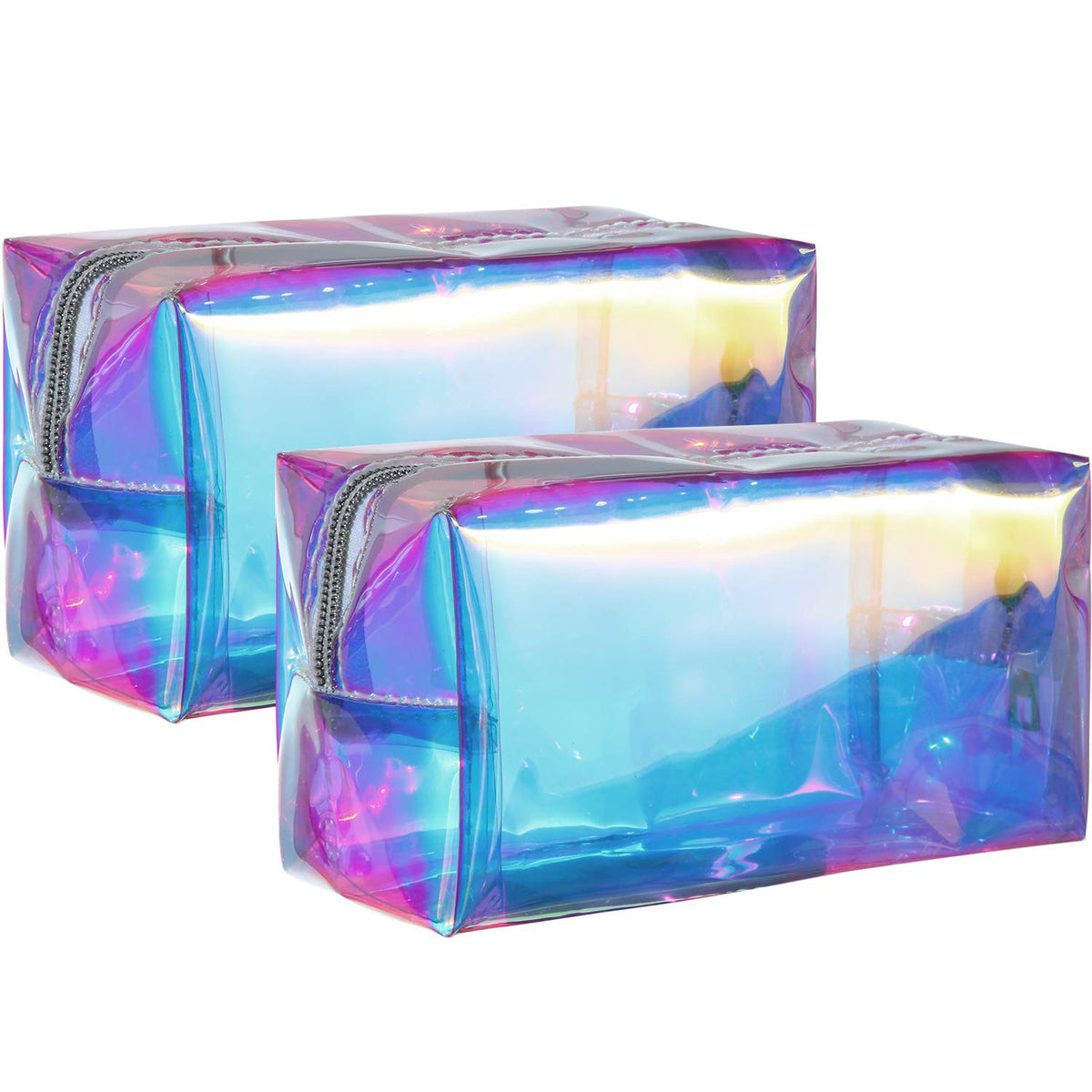 Clear Iridescent Holographic Makeup Bag Glitter Travel Cosmetic Pouch 2 Pack