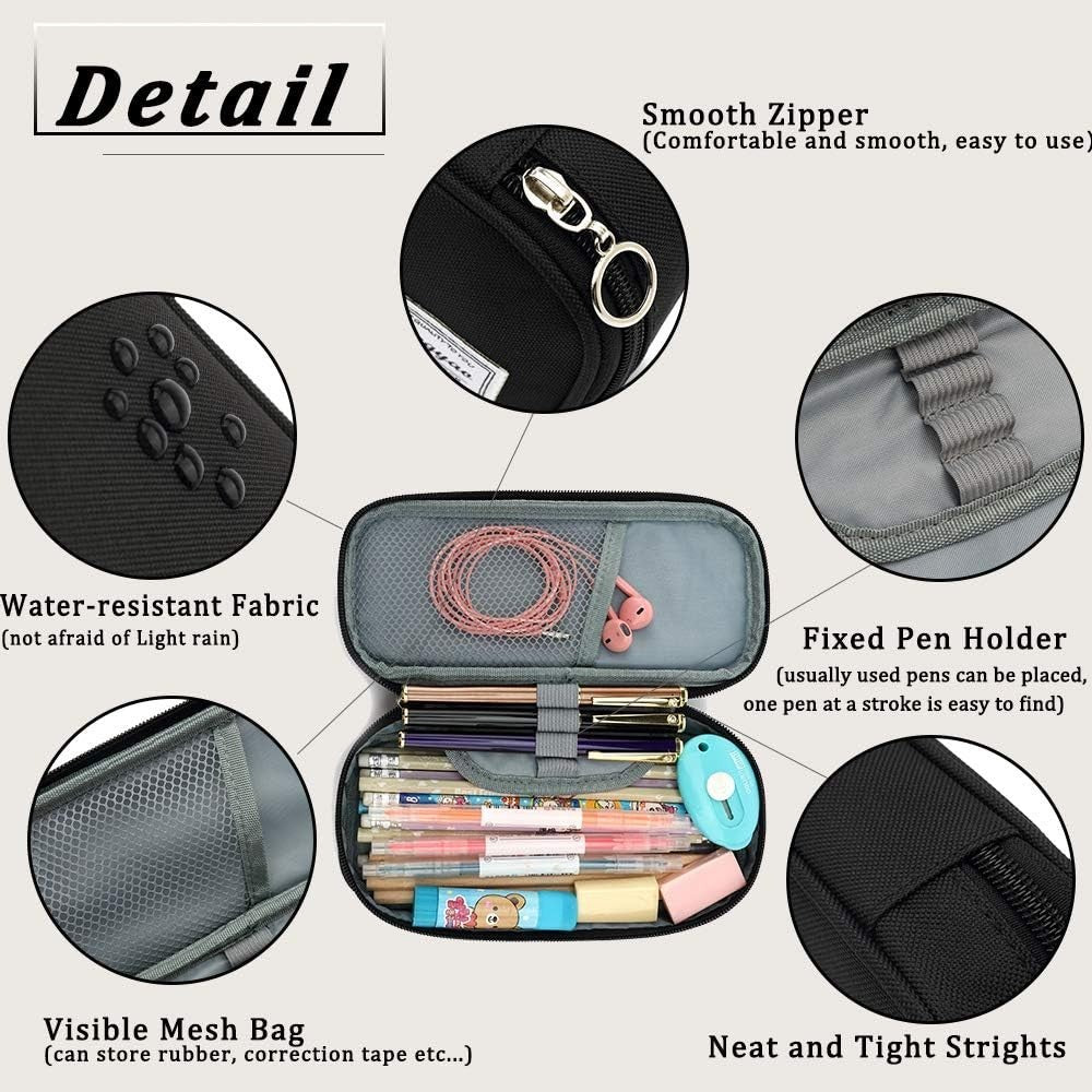 Black Pencil Case with Shoulder Strap - Portable Stationery Organizer
