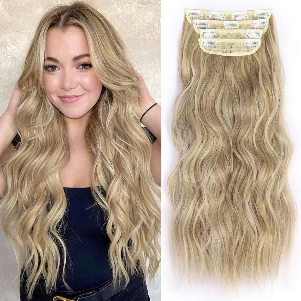 4PCS Clip-In Wavy Hair Extensions Long Synthetic Weft - Natural Blonde to Brown