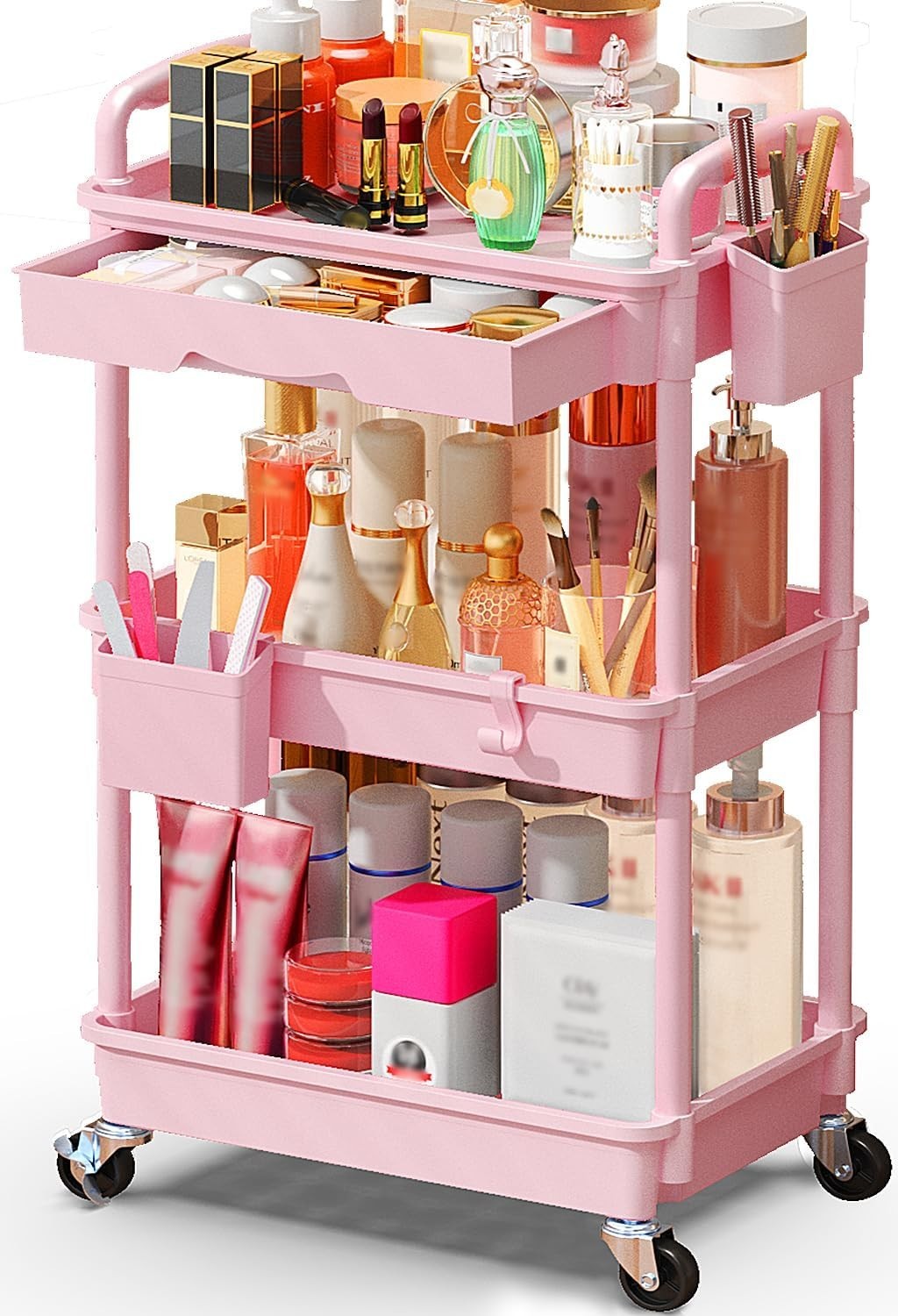 Pink Makeup Cart Organizer with Drawers and Rolling Storage