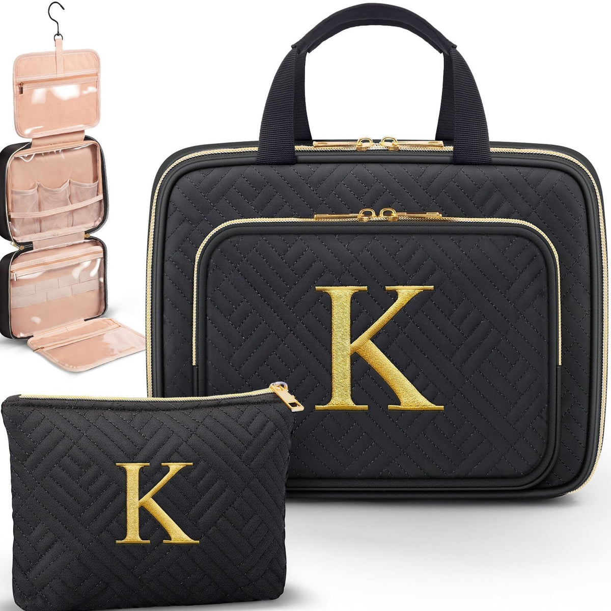 Personalized Hanging Makeup Bag with Initials Travel Toiletry Organizer