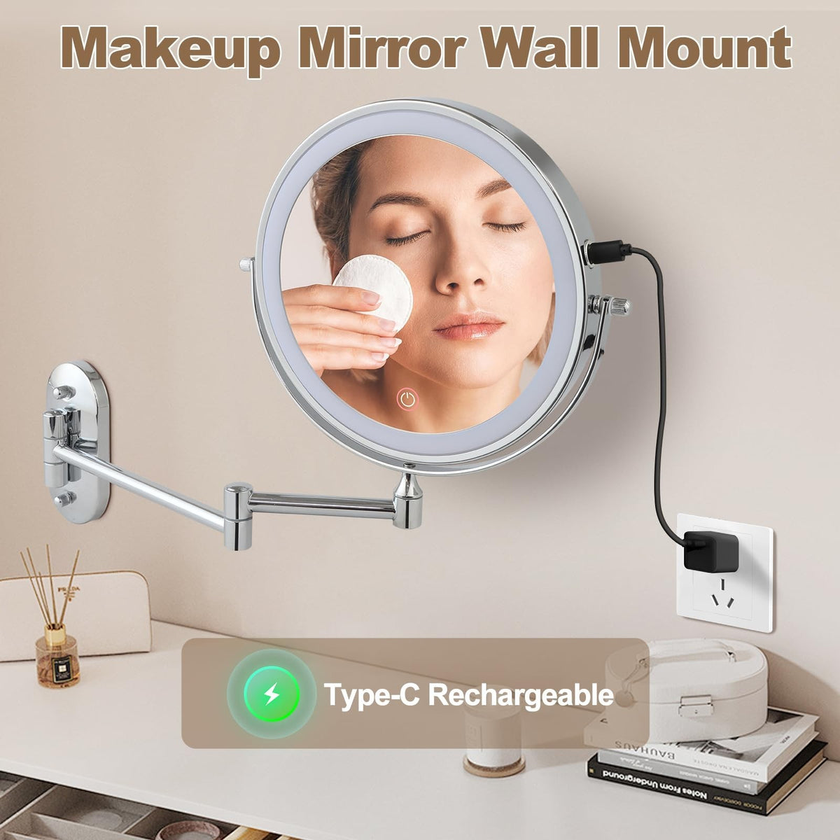 Rechargeable Lighted Wall Mount Makeup Mirror with 20X Magnification, 3 Light Modes