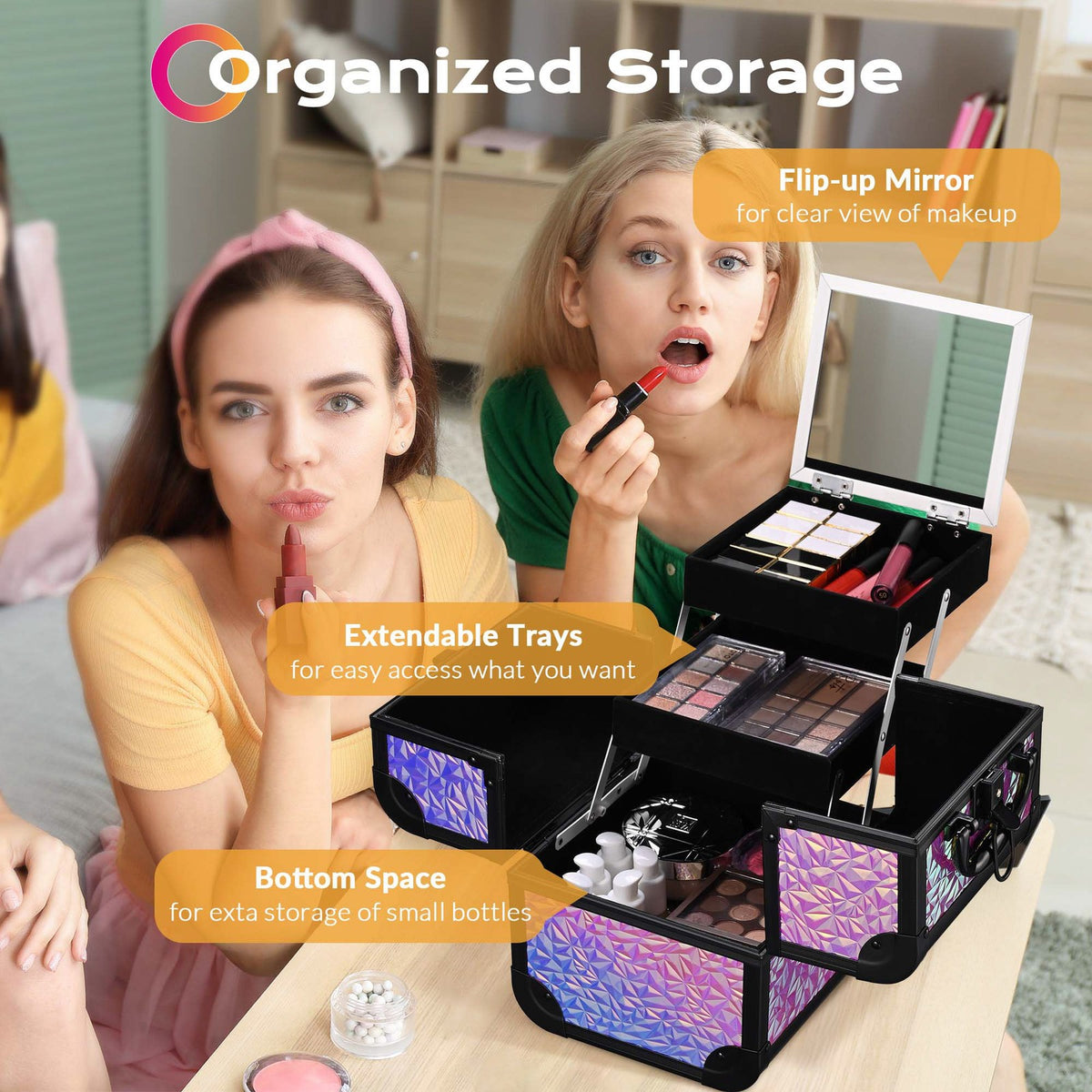 Mermaid Pink Makeup Train Case with Extendable Trays and Mirror