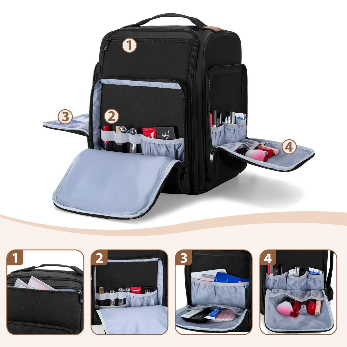 Travel Makeup Backpack with Removable Pouches & Brush Bag - Large Capacity