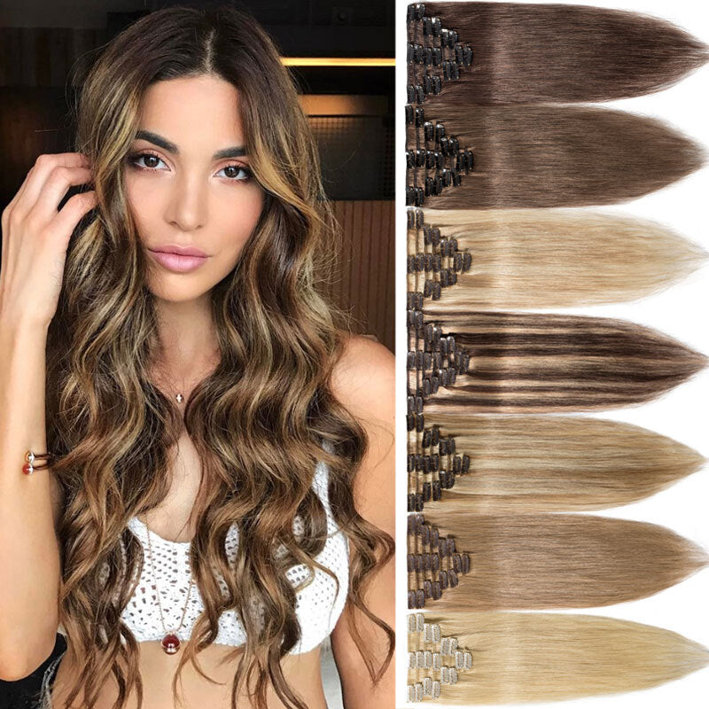 Clip-In Human Hair Extensions Full Head - Virgin Remy, Multiple Colors & Lengths