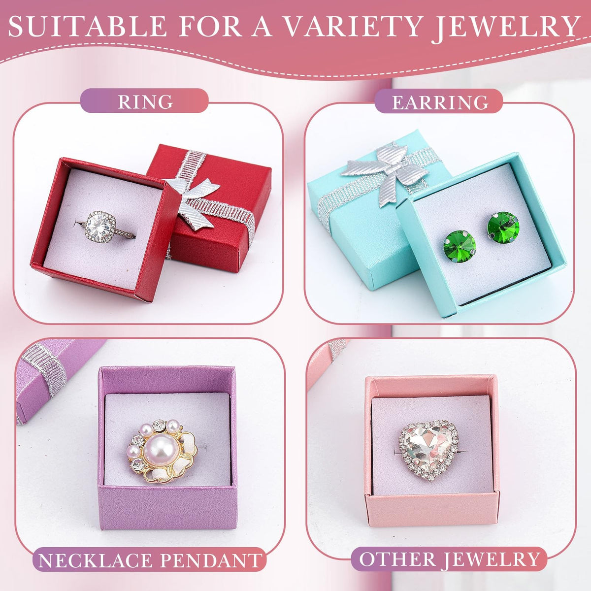 Set of 72 Jewelry Ring Boxes with Colorful Ribbon Bows, 1.6 x 1.6 Inches