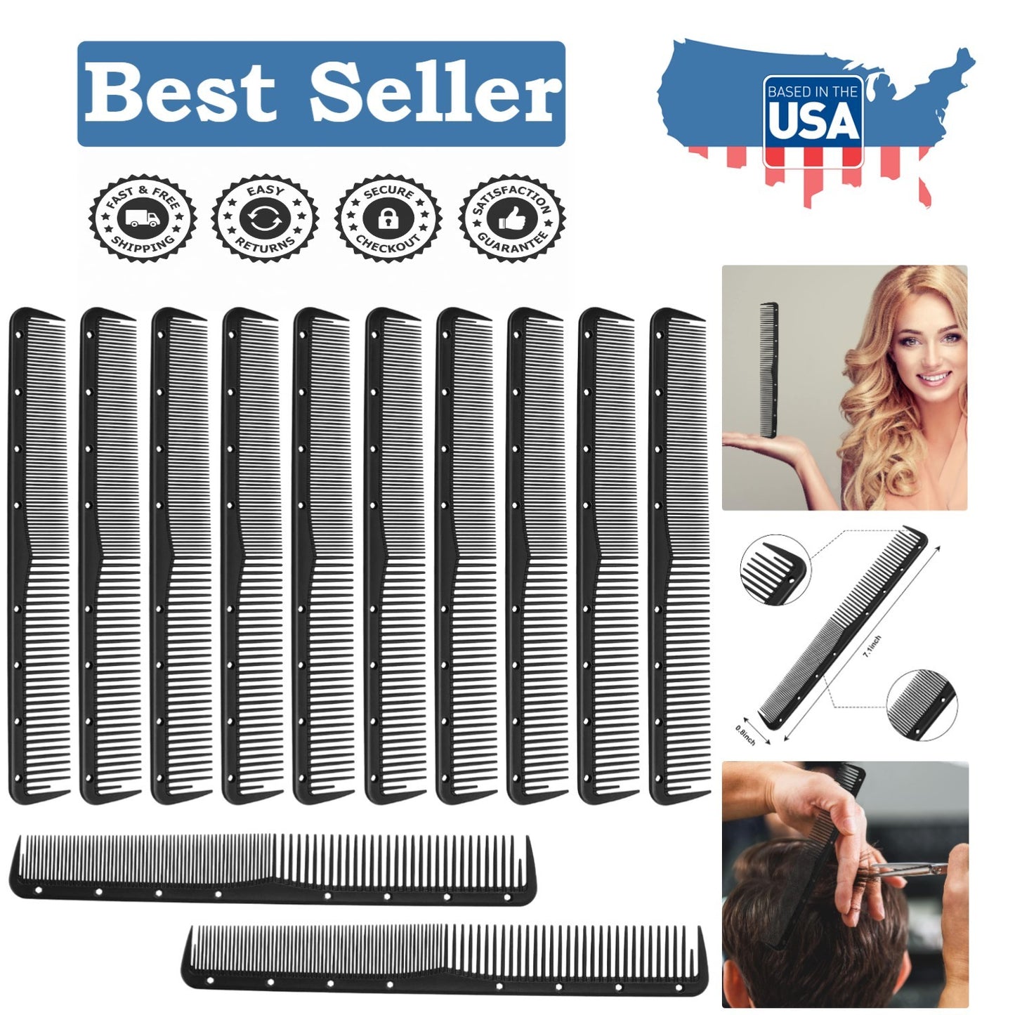 Professional Carbon Fine Hair Cutting Combs Set - 12 Pieces for Salon & Home Use