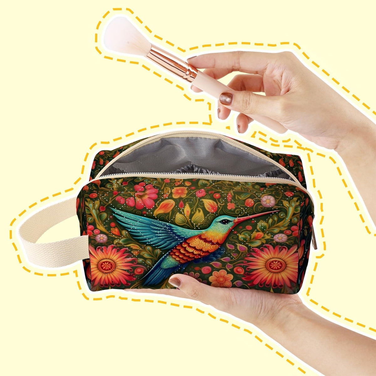Velvety Quilted Makeup Pouch with Hummingbird Print for Travel and Organization