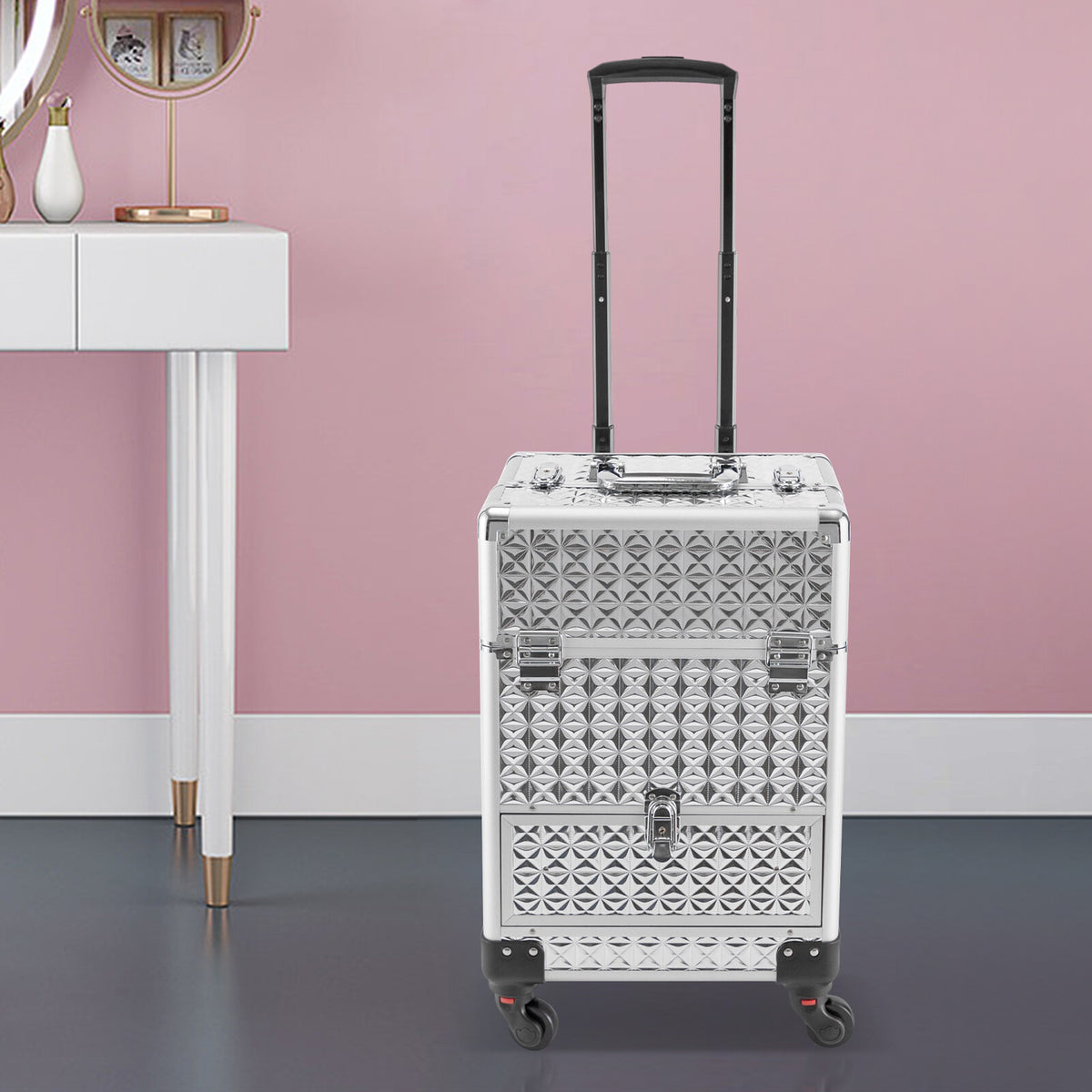 Rolling Makeup Train Case with 7 Compartments and 4 Wheels Cosmetic Storage Trolley