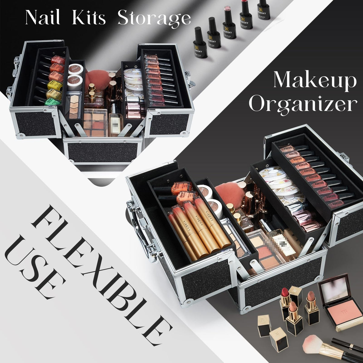 Black Portable Makeup Train Case with Lock & Multi-Tier Organizer