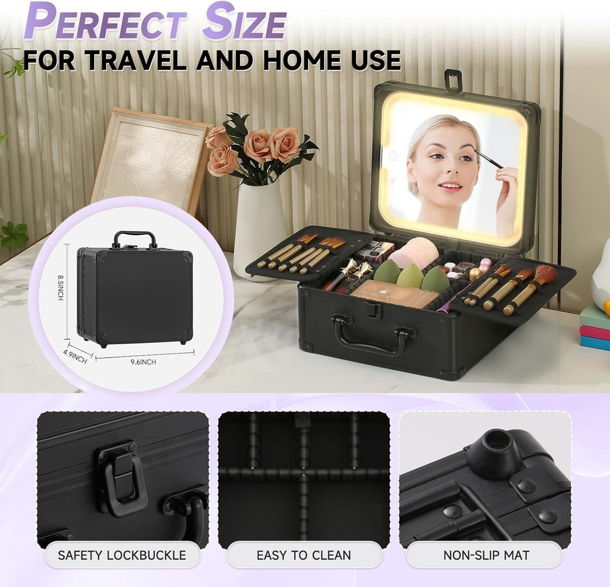 Travel Makeup Organizer Case with LED Lighted Mirror and Adjustable Storage