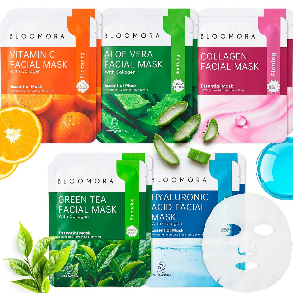 Collagen Face Mask Sheet Set - 10 Pack, 5 Varieties