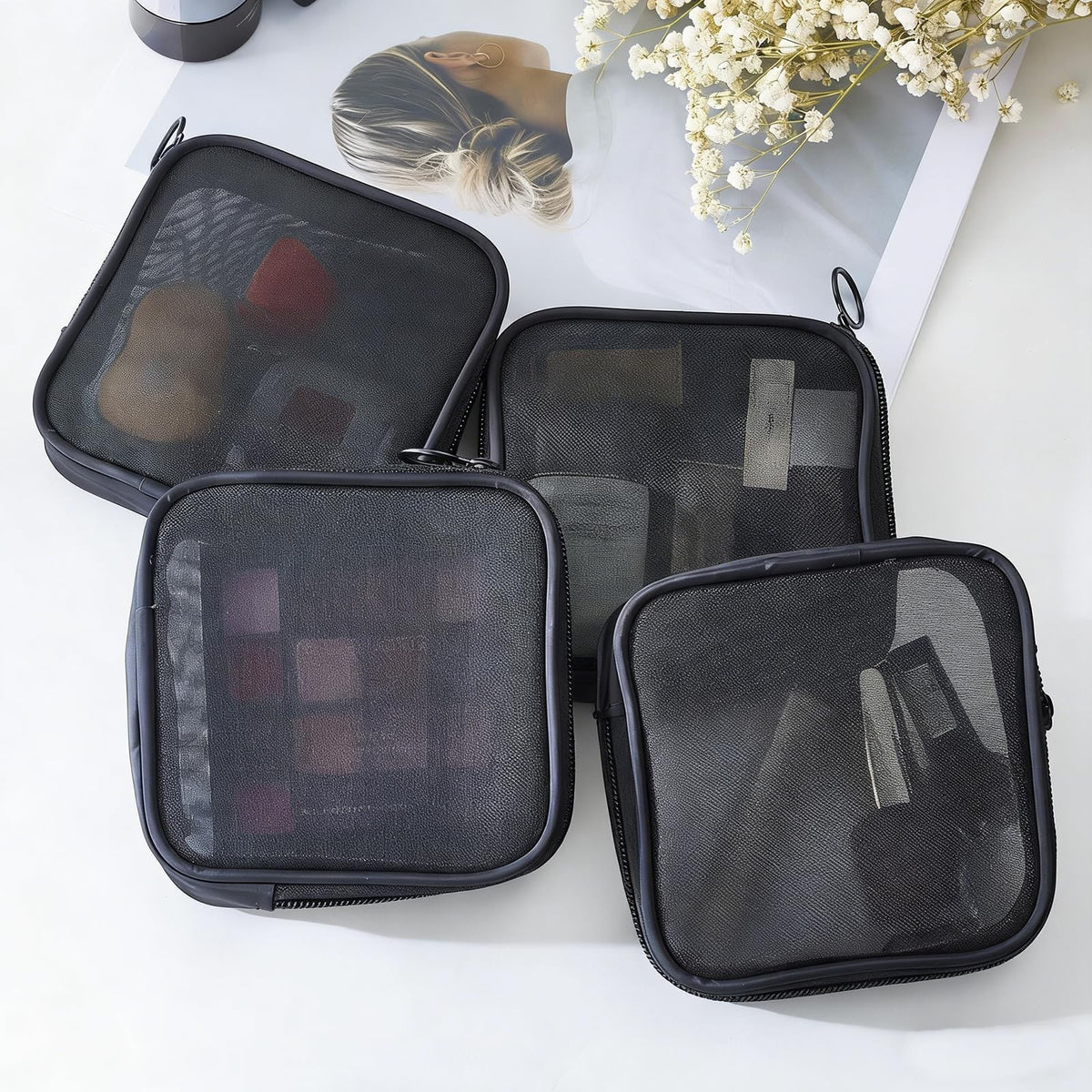 4 Pack Transparent Mesh Cosmetic Bags Travel Organizer Pouches 5x5 In
