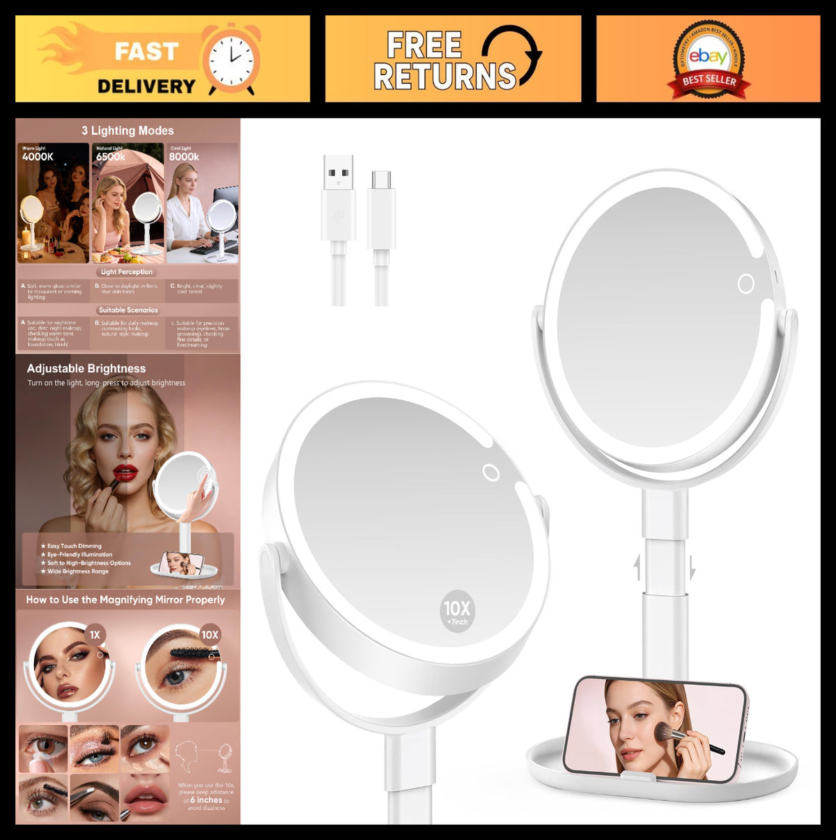 Rechargeable LED Lighted Makeup Mirror with 10X Magnification and Adjustable Height